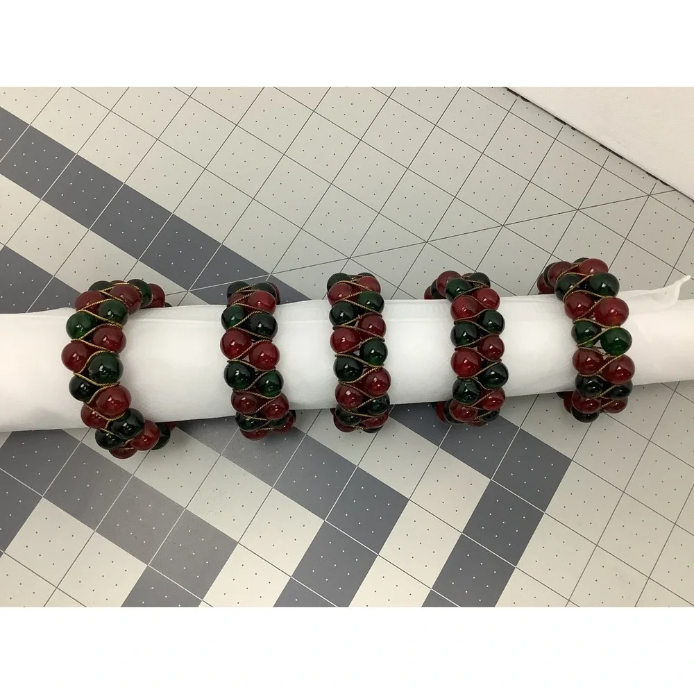 Vintage Red Green Beaded Napkin Rings Gold Wire Christmas Holiday Set of 5